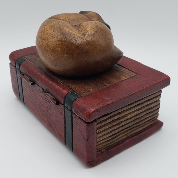 Handcrafted Wood Sleeping Cat on Book Trinket Box - Picture 11 of 14